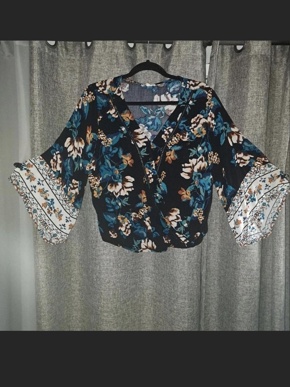 About A Girl Floral Wrap Blouse in Teal and Black